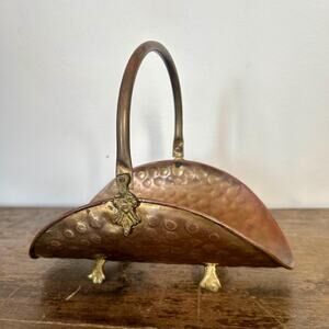 Vintage Hammered Brass Footed Basket with Handle | Petite Decorative Basket